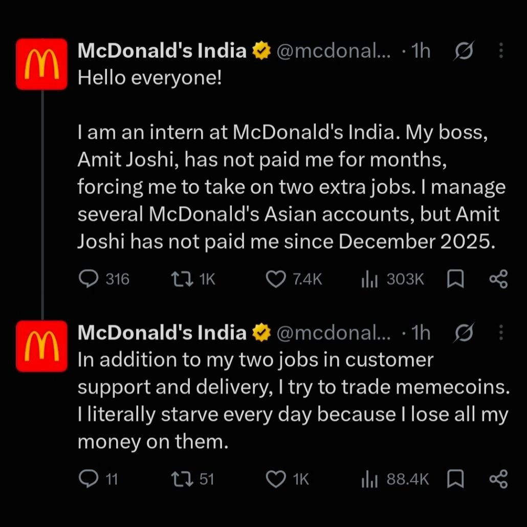 Circulating screenshot of two posts attributed to an official McDonald's account containing claims by a person speaking as an unpaid intern